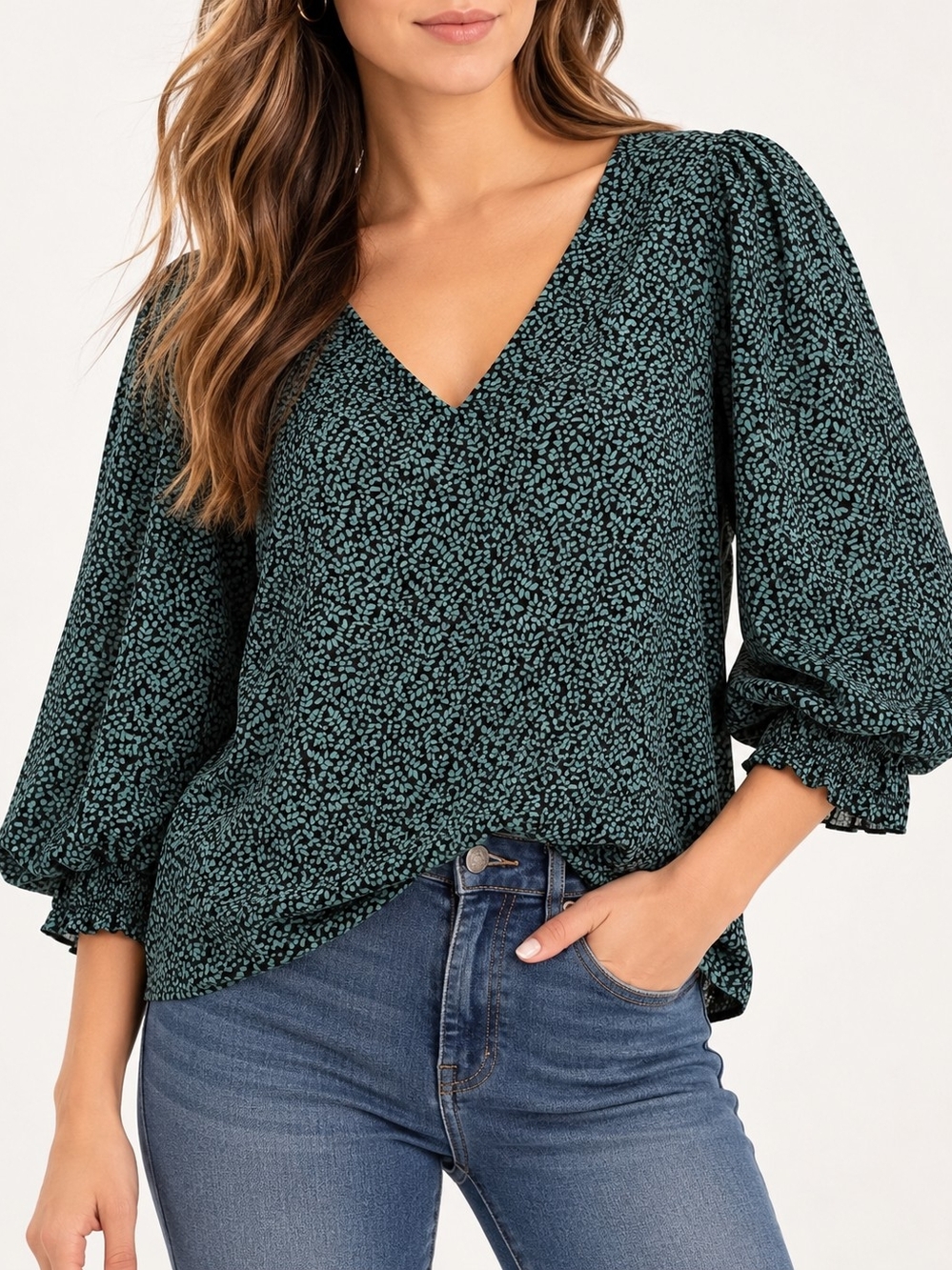 New Day Women’s Floral V-Neck Balloon Sleeve Blouse Black Green Size M